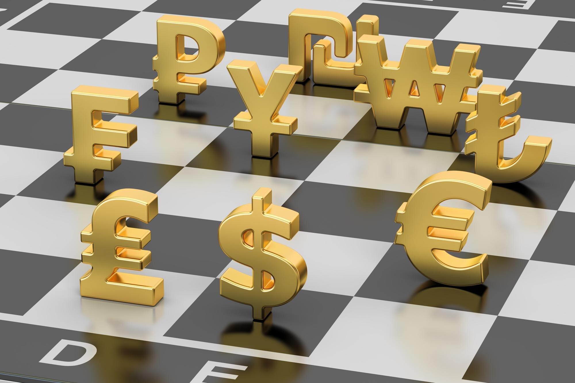 Koncepcja pieniądza: symbole walutowe na szachownicy 3D