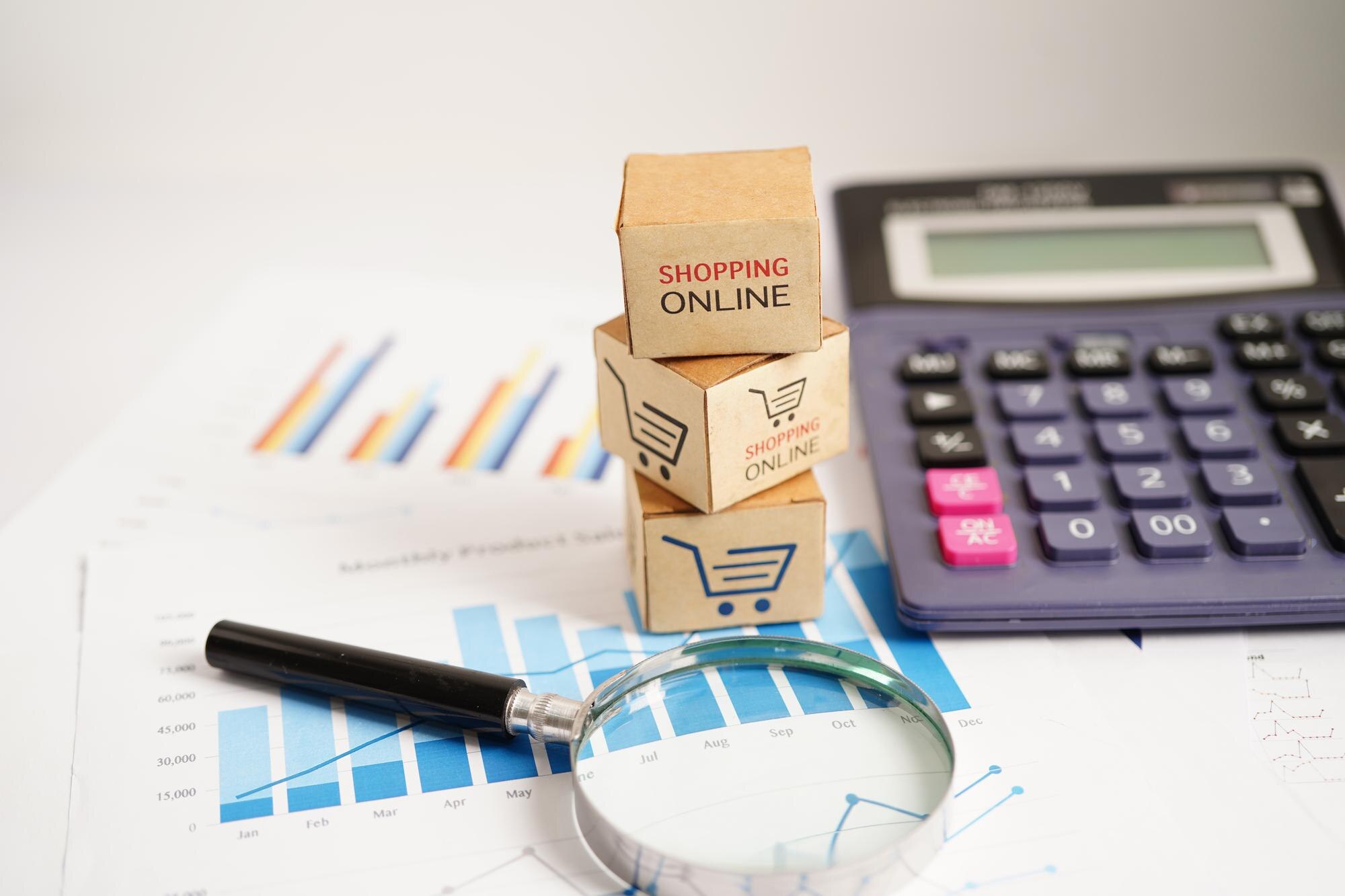 Zakupy online Pudełko koszyka na wykresie biznesowym import eksport finansowanie handel