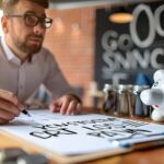 Profesjonalny biznesmen ilustrujący oszczędności na tablicy na spotkaniu symbolizującym strategiczne P