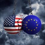 Flaga Stanów Zjednoczonych i kule polityczne Unii Europejskiej zderzają się ze sobą Renderowanie 3D