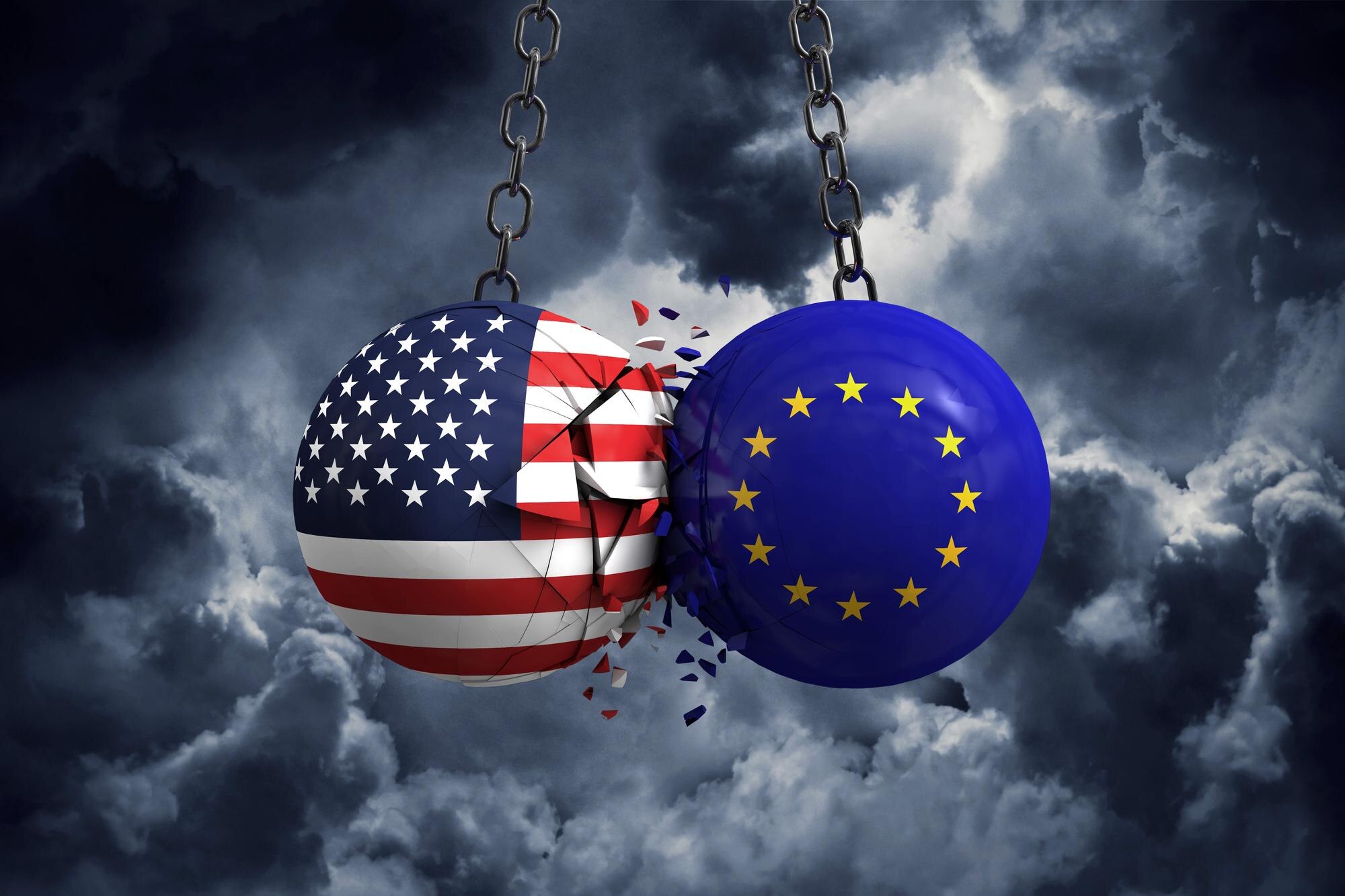 Flaga Stanów Zjednoczonych i kule polityczne Unii Europejskiej zderzają się ze sobą Renderowanie 3D