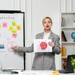 Marketing młoda ładna biznesowa dama w szarej marynarce w biurze wyjaśniająca wykres kołowy