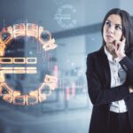Globalny rynek walutowy zmienia koncepcję z zamyśloną młodą kobietą w czarnym garniturze na abstrakcyjnym tle z cyfrową grafiką podświetlanym znakiem euro