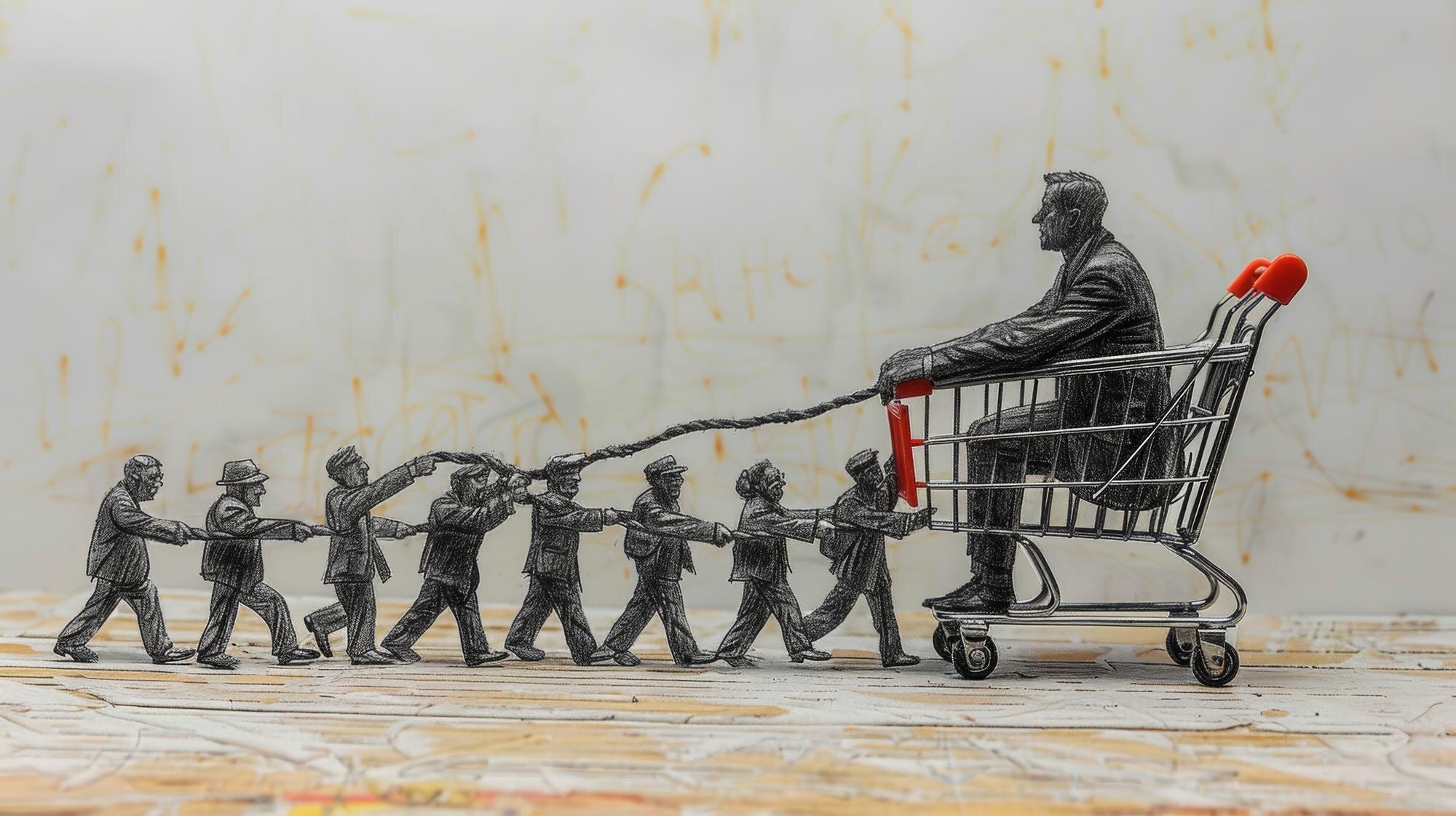 Bogaty bankier siedzący w wózku do zakupów ciągnięty przez miniaturową drużynę