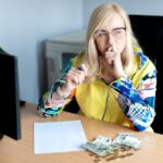 Zamyślona kobieta w średnim wieku licząca pieniądze w euro i robiąca notatki przy biurku w domowym biurze