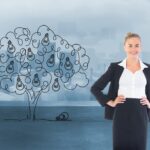 Złożony wizerunek blondynki bizneswomanu pozycja z rękami na biodrach