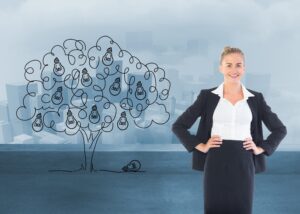 Złożony wizerunek blondynki bizneswomanu pozycja z rękami na biodrach
