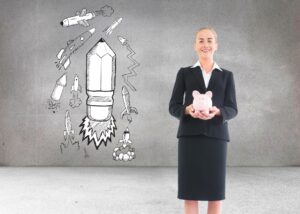 Złożony wizerunek blondynki bizneswomanu mienia różowego prosiątko bank
