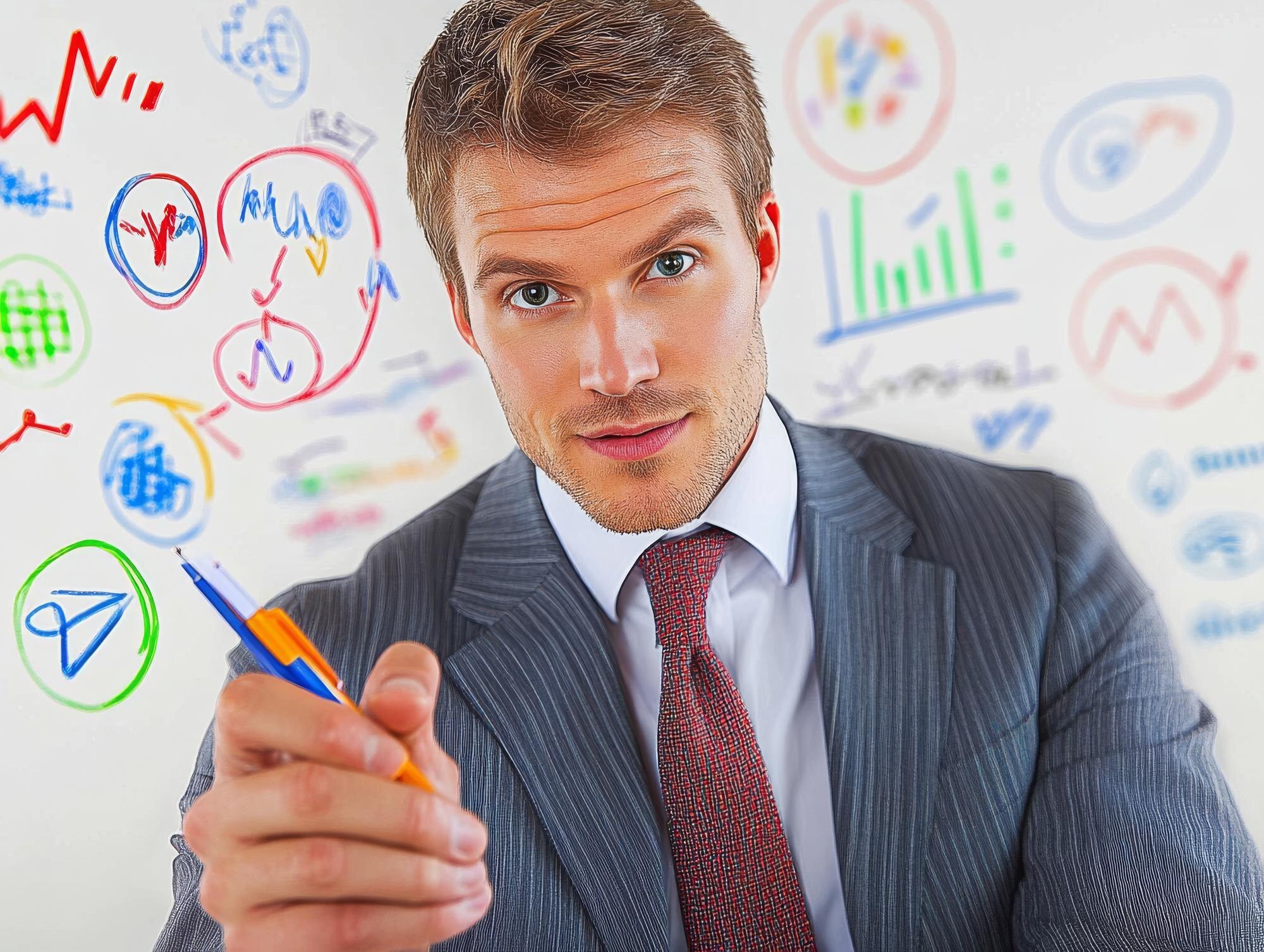Biznesmen prezentujący pomysły na tablicy