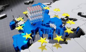 Program szczepień koronawirusowych Covid19 SARSCoV2 w ilustracji 3D Unii Europejskiej
